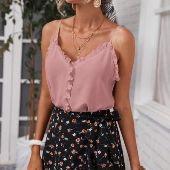 Boho dusty pink frill trim V neck cami top - Picture 3 of 5